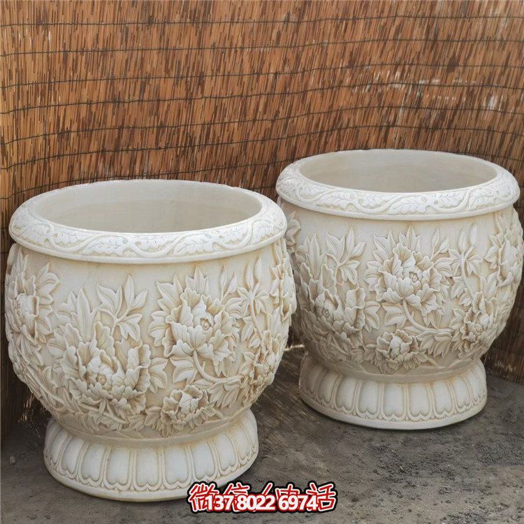 漢白玉浮雕荷花養(yǎng)魚(yú)缸，精美庭院裝飾戶(hù)外中式花盆