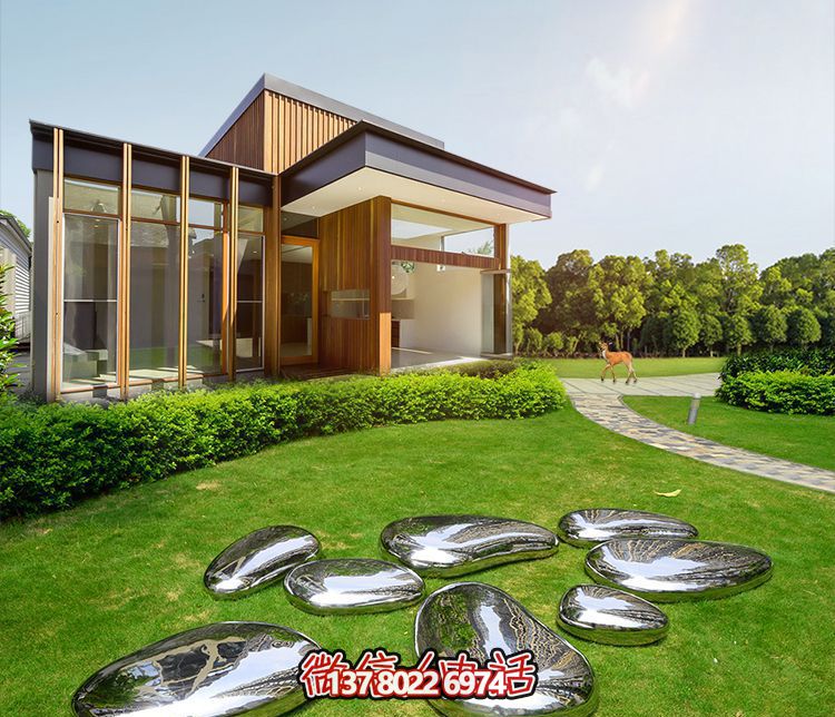 高端室內(nèi)草坪裝飾，不銹鋼雕塑鏡面石頭安放
