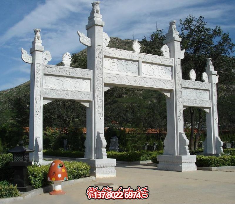 精致園林景觀，漢白玉華表浮雕祥云門樓石牌坊