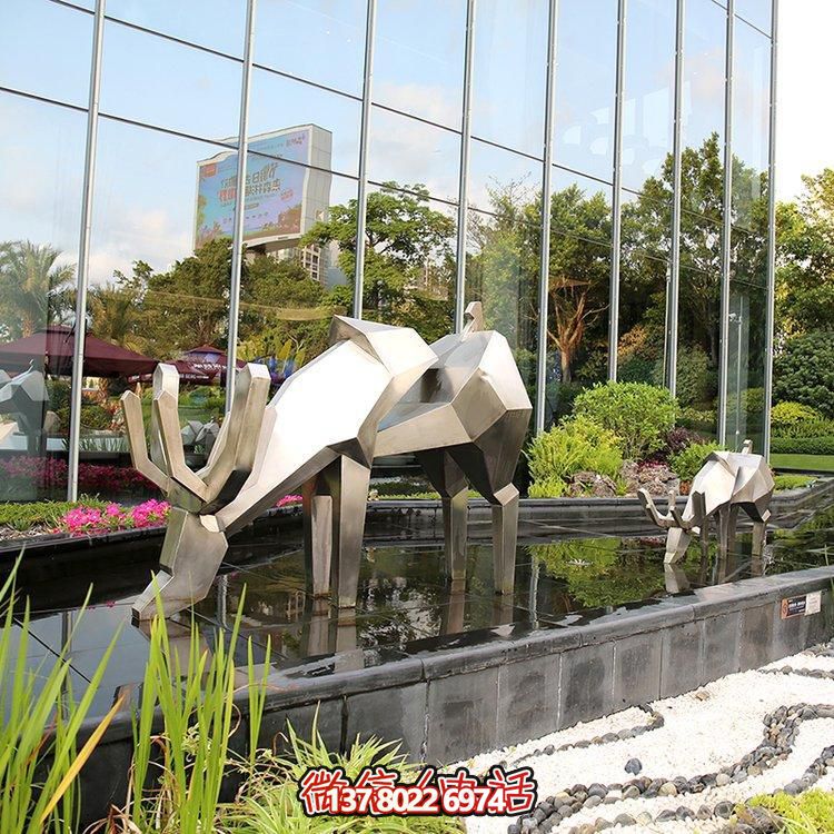 精致雕塑，幾何鏡面不銹鋼鹿，點(diǎn)綴精致水景小品