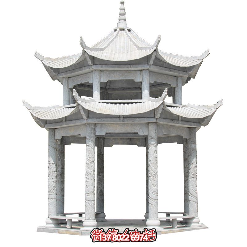 精美大理石雙層柱涼亭，雕塑點綴休息亭