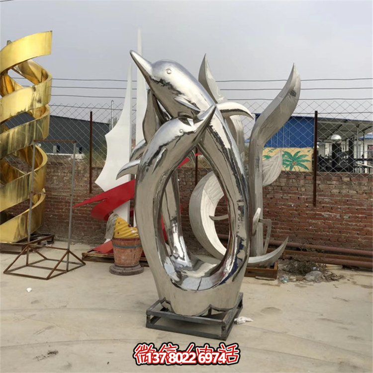 精美不銹鋼海豚雕塑，為您的戶外廣場增添水景鏡面美感