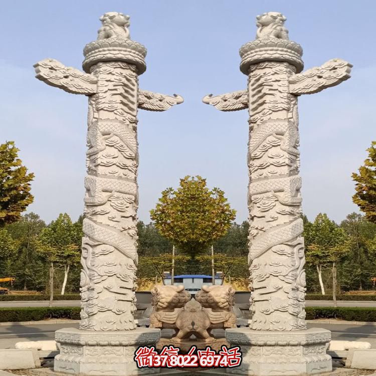 精美大理石手工雕刻龍紋華表雕塑，點(diǎn)綴廣場(chǎng)美景