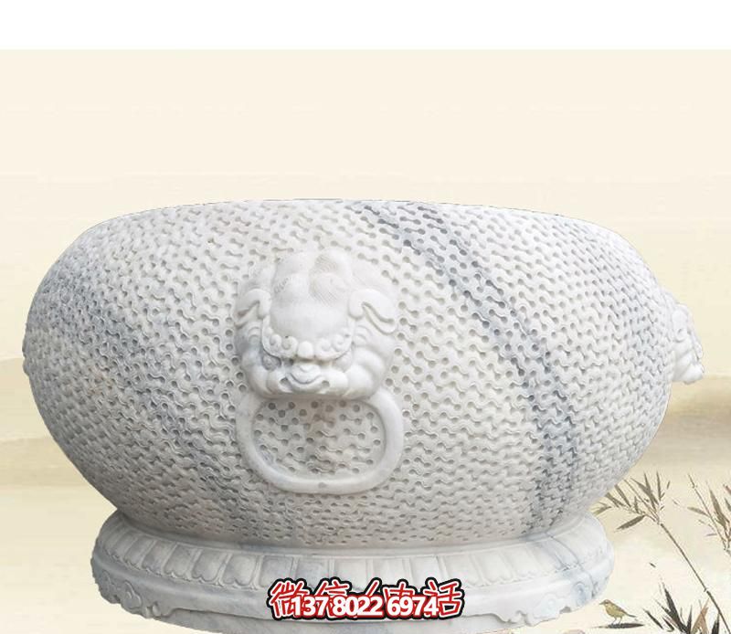 精美狴犴圓形雕塑，點(diǎn)綴庭院水缸浮雕