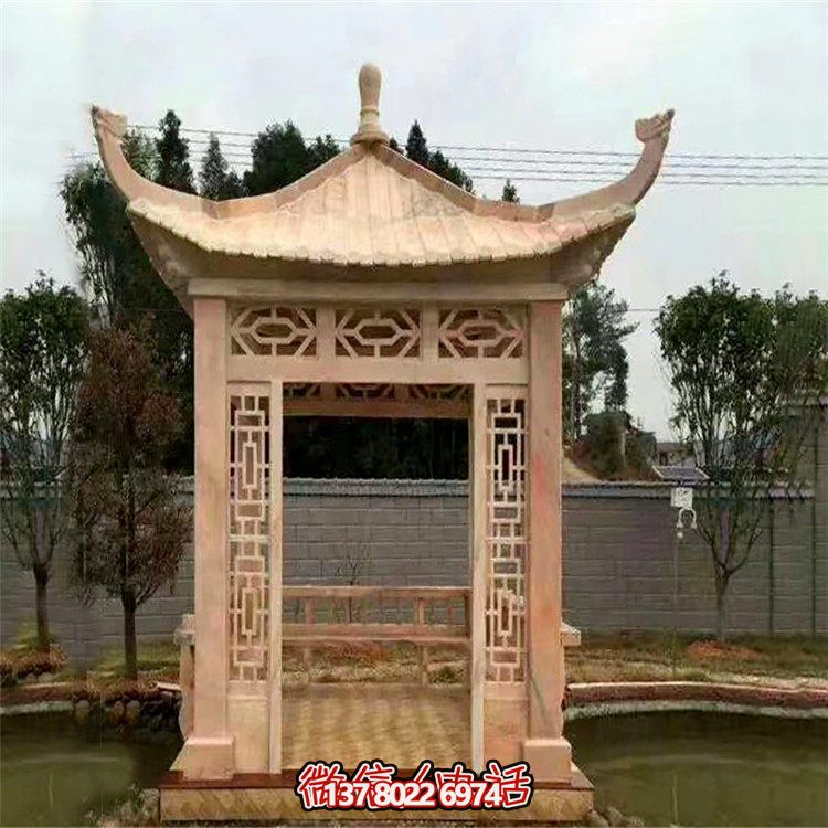 紅石雕鏤涼亭，晚霞中空中創(chuàng)意雕塑