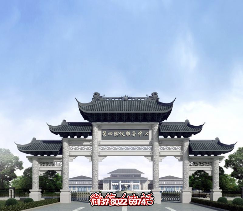一座新式殯儀館五門(mén)景觀、青瓦斗拱、牌樓等高雅裝飾